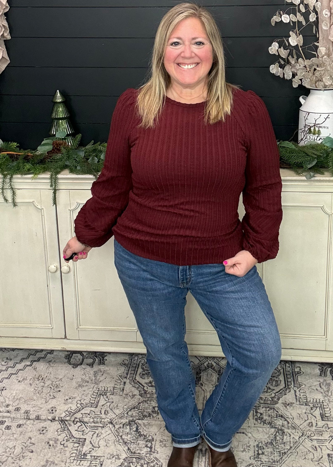 Merlot Bubble Sleeve Textured Top