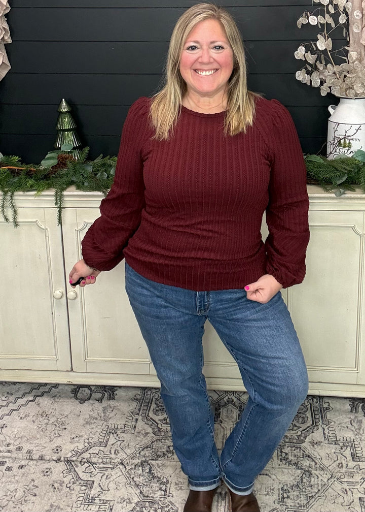 Merlot Bubble Sleeve Textured Top