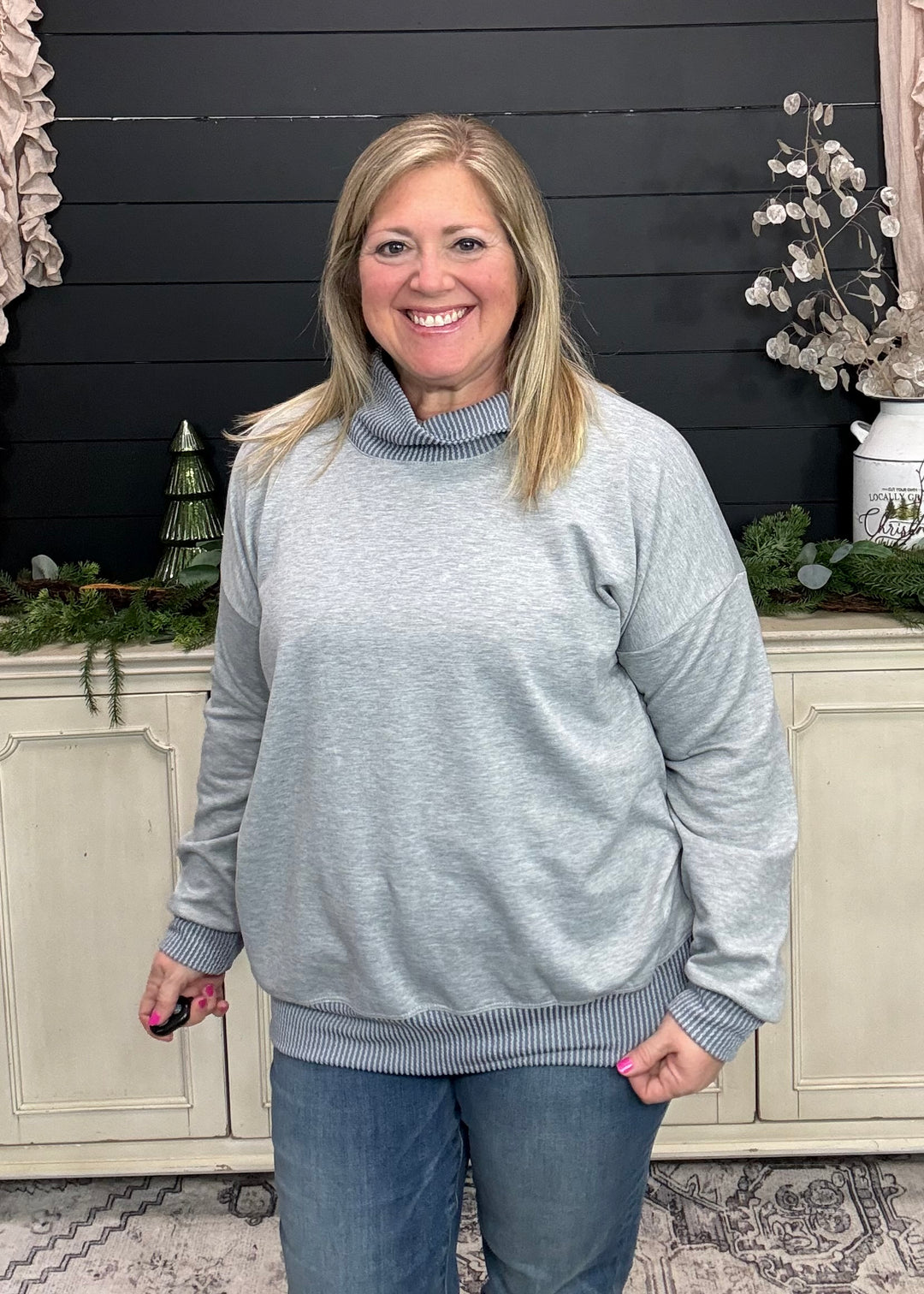 Dusty Blue - Mock Neck with Side Collar Slit