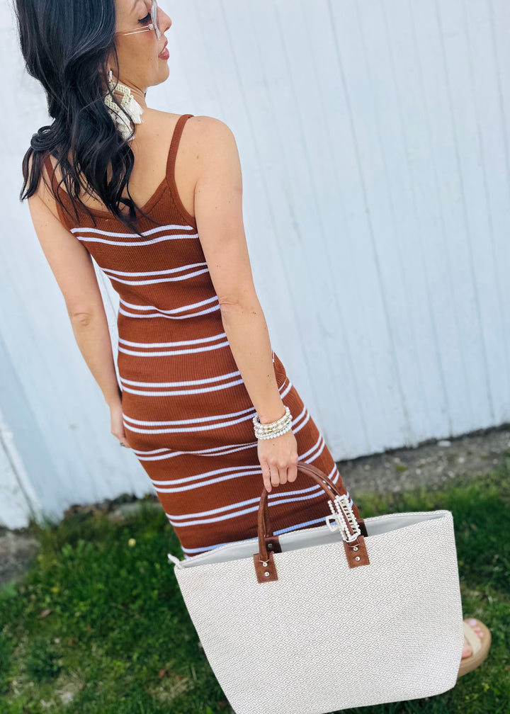 Striped Midi Sweater Dress - Chestnut