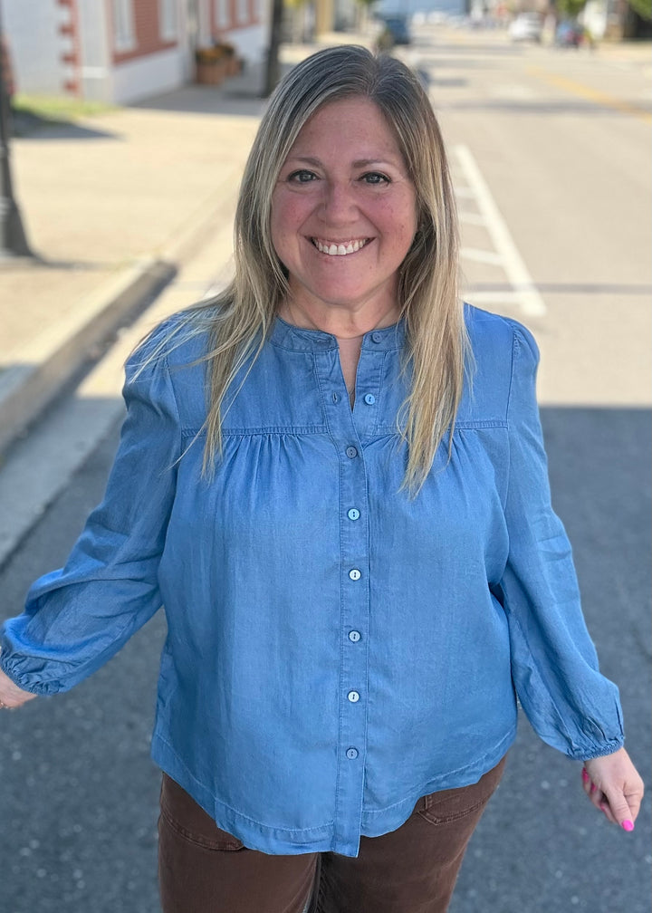 Tencel Button Front Peasant Top