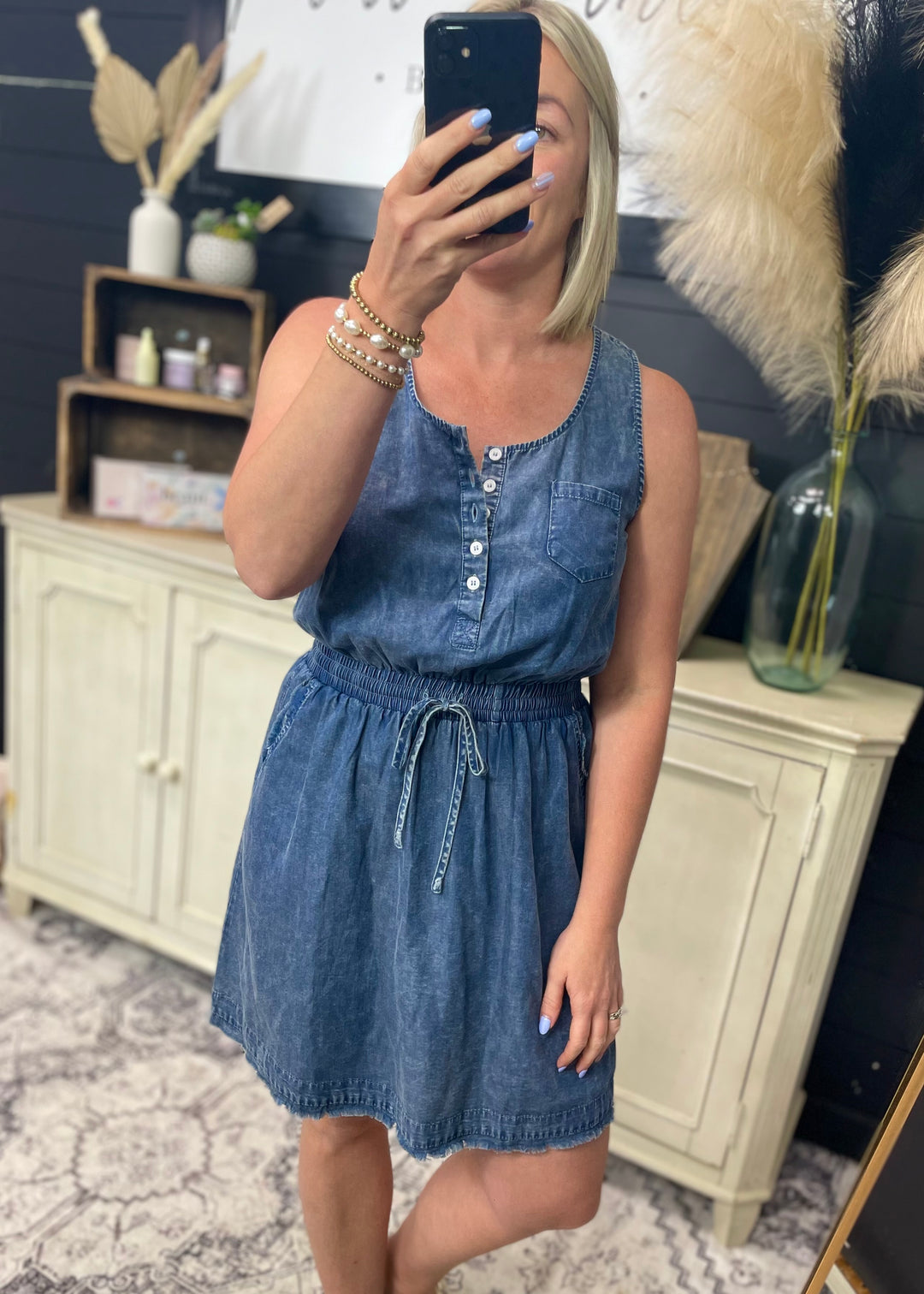 Scoop Neck Frayed Hem Denim Henley Mini Dress