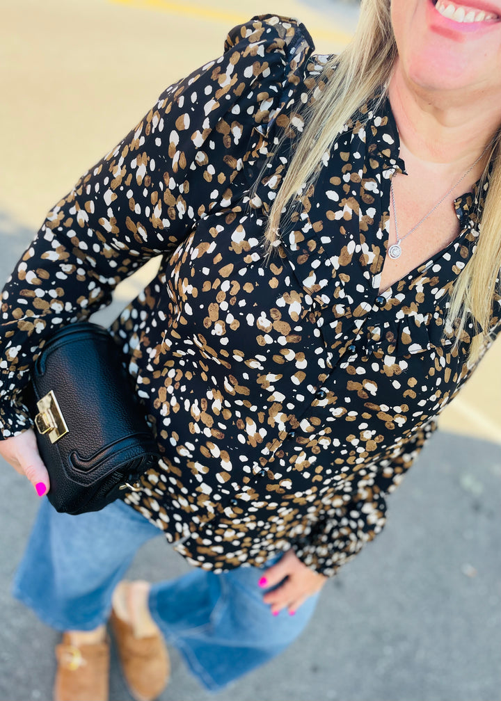Abstract V-Neck Smocked Cuff Blouse