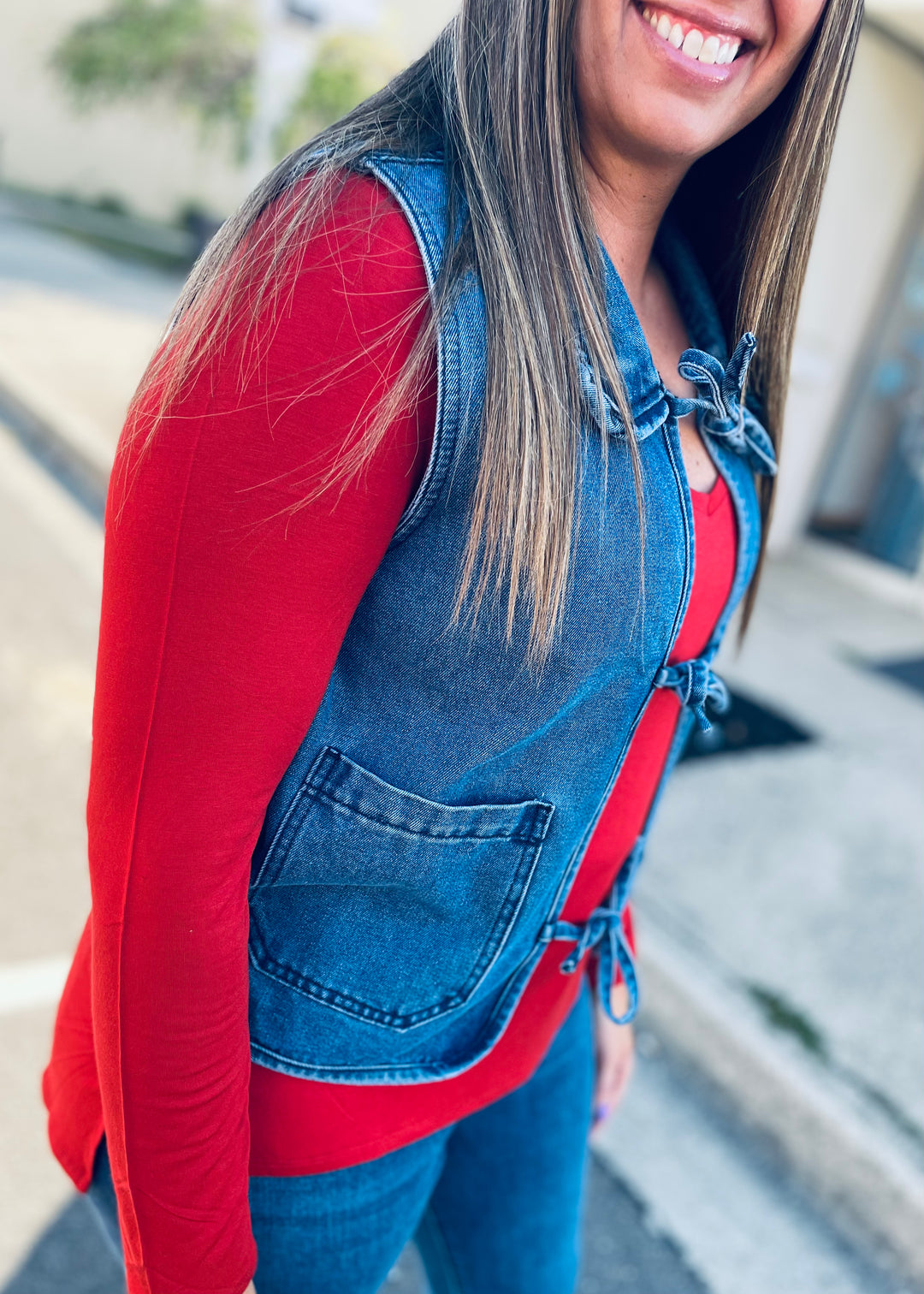 Denim Ruffle Collar Washed Front Bow Tie Vest: Blue Blast