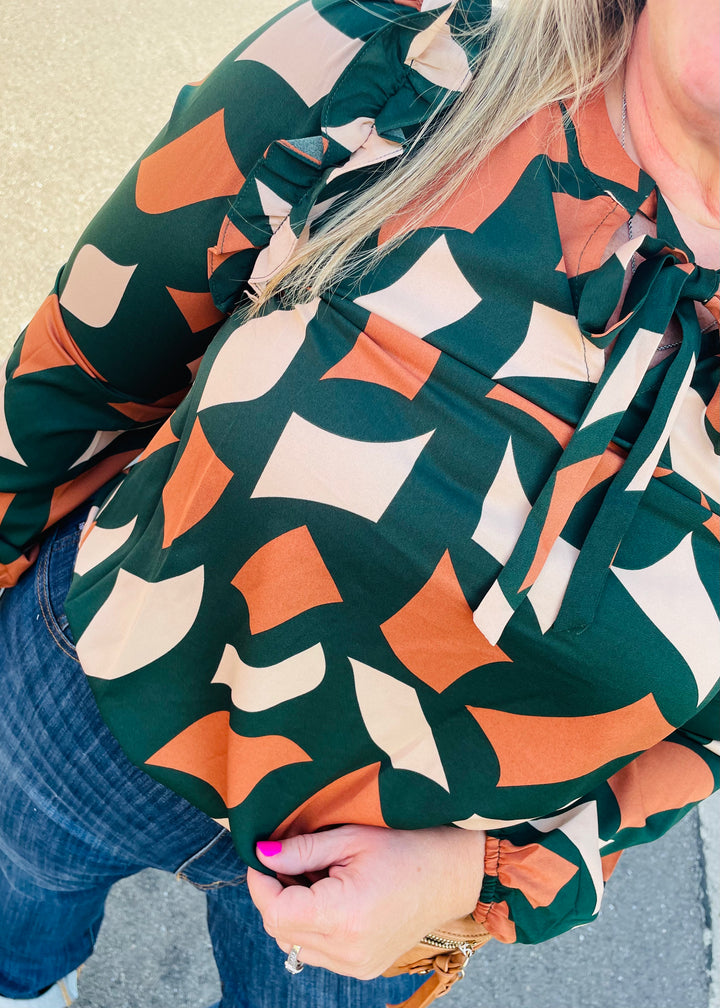 Abstract Print Tie Neck Blouse