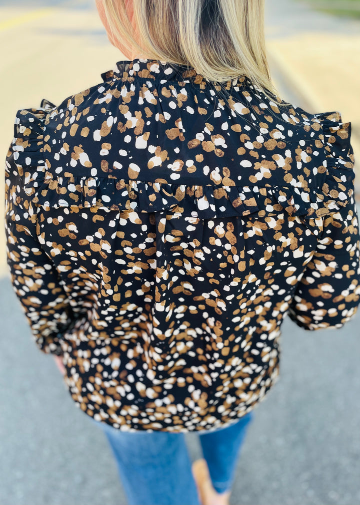 Abstract V-Neck Smocked Cuff Blouse