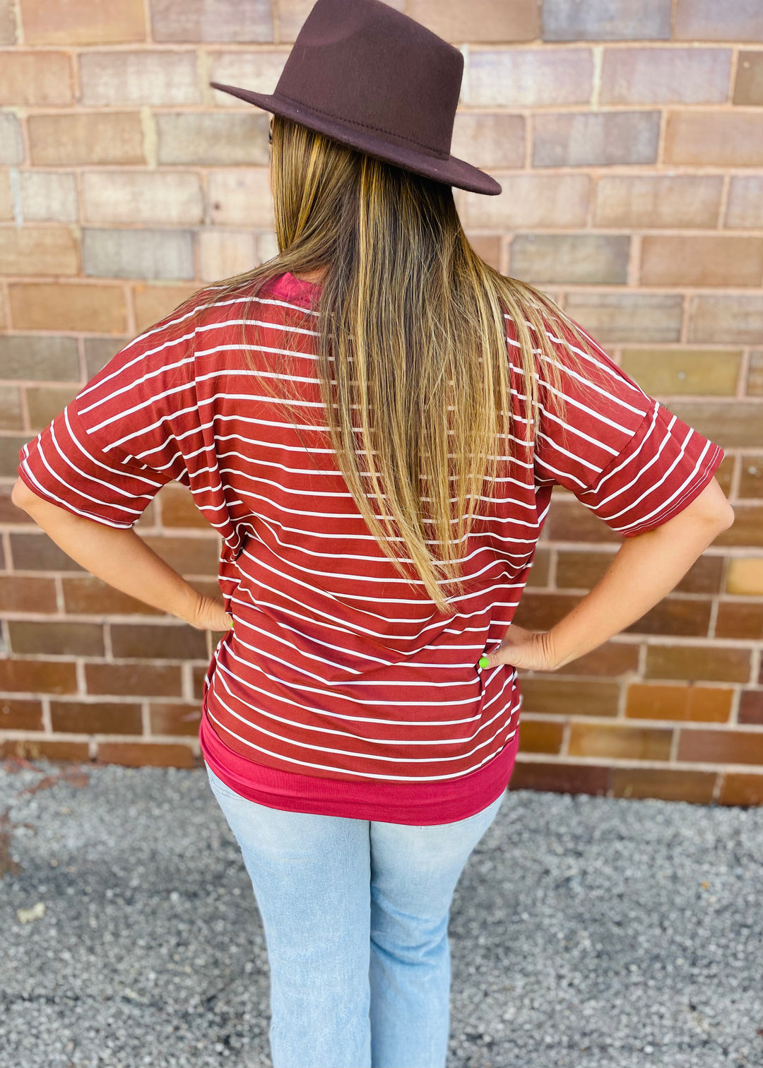 Rust Stripe V-Neck Short Sleeve Tunic Top