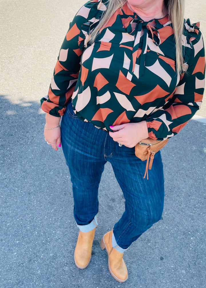 Abstract Print Tie Neck Blouse