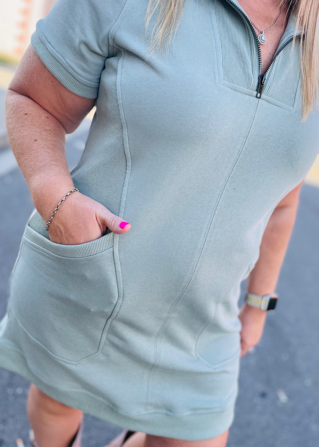 FRENCH TERRY ZIP-FRONT SHORT SLEEVE MINI DRESS