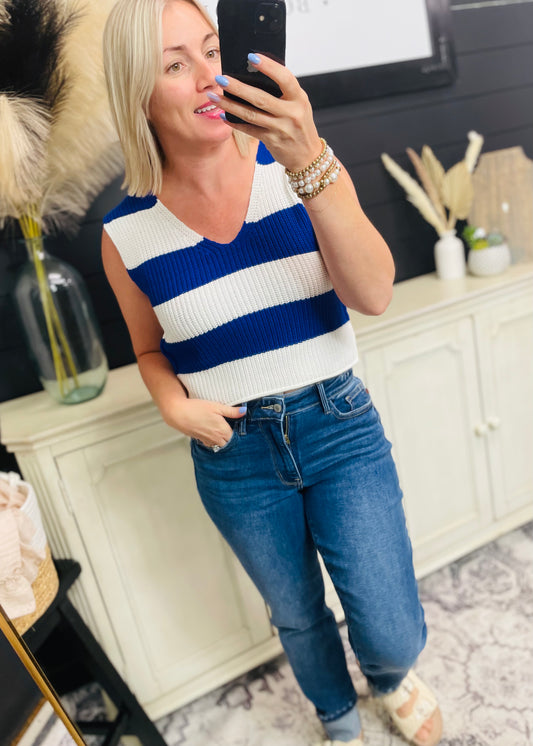 Blue and White Sweater Top