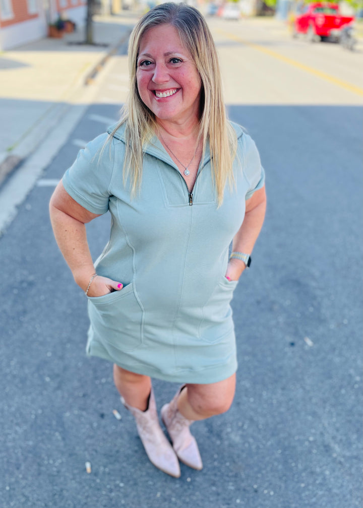 FRENCH TERRY ZIP-FRONT SHORT SLEEVE MINI DRESS
