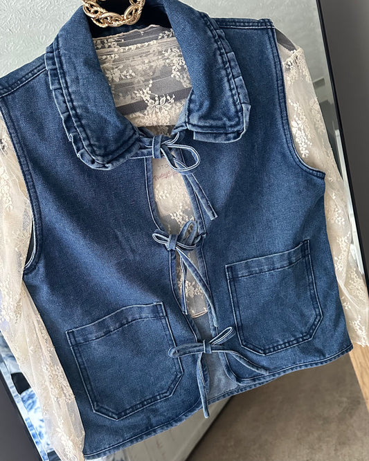 Denim Ruffle Collar Washed Front Bow Tie Vest: Blue Blast