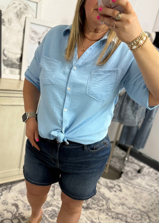 Dusty Blue - Half Sleeve Button Down with Collar Top