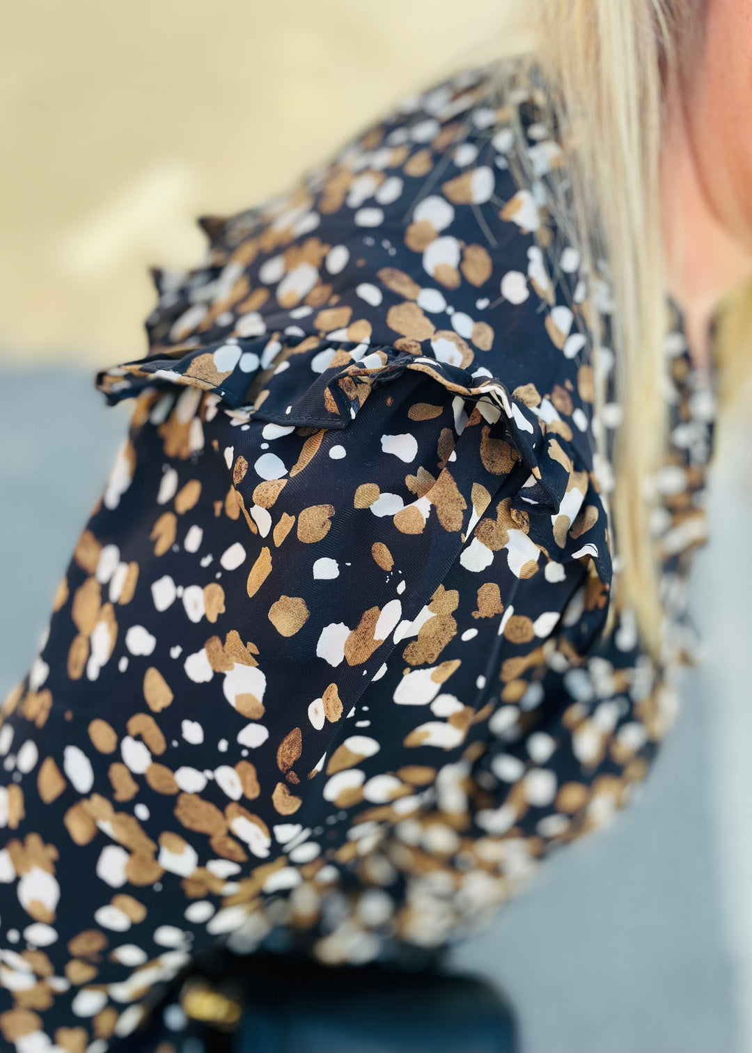 Abstract V-Neck Smocked Cuff Blouse