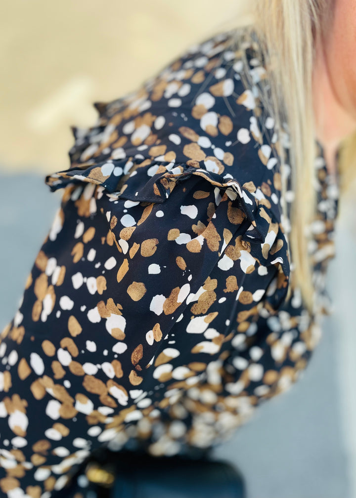 Abstract V-Neck Smocked Cuff Blouse