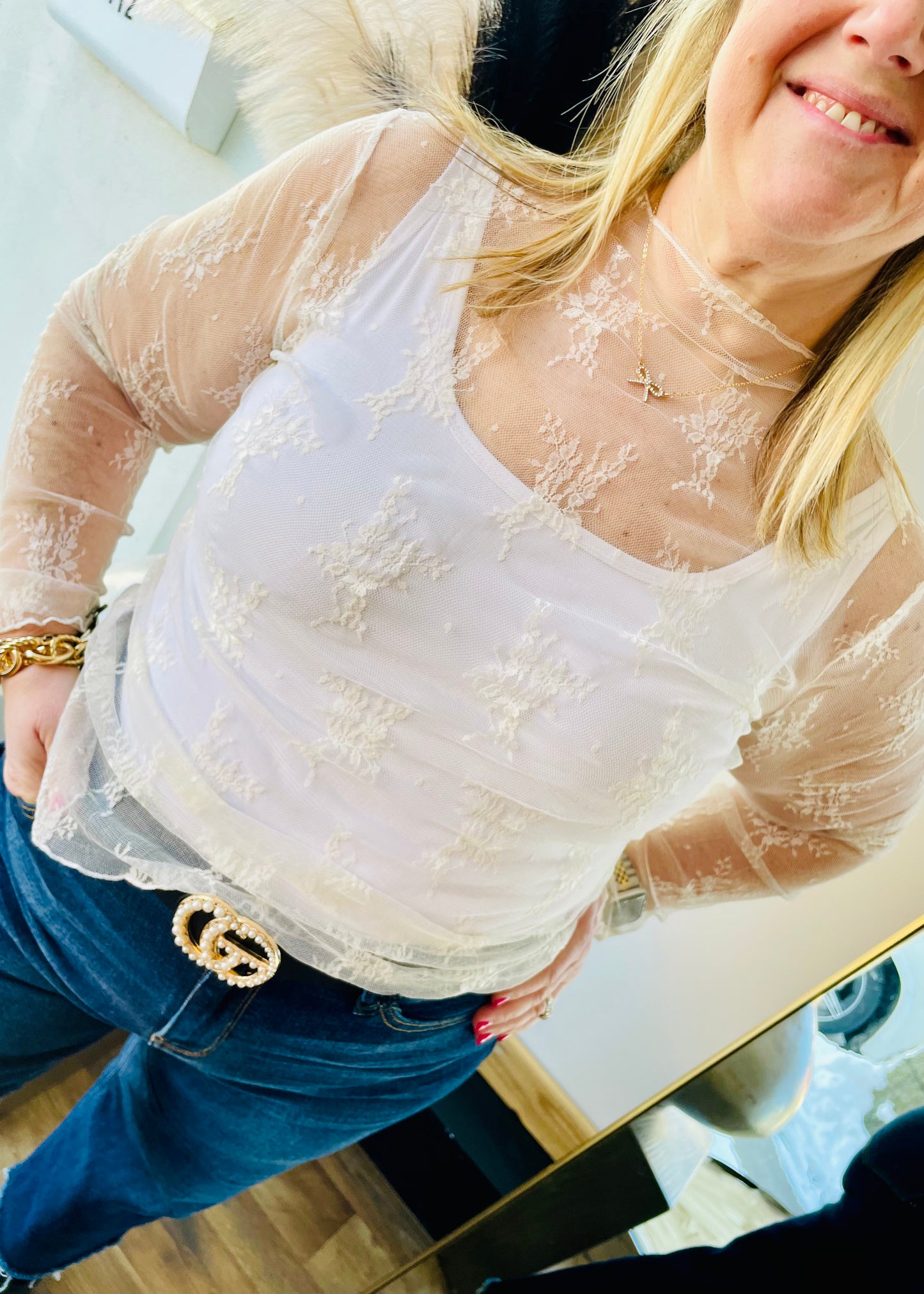 Ivory Long Sleeve Lace Layering Top