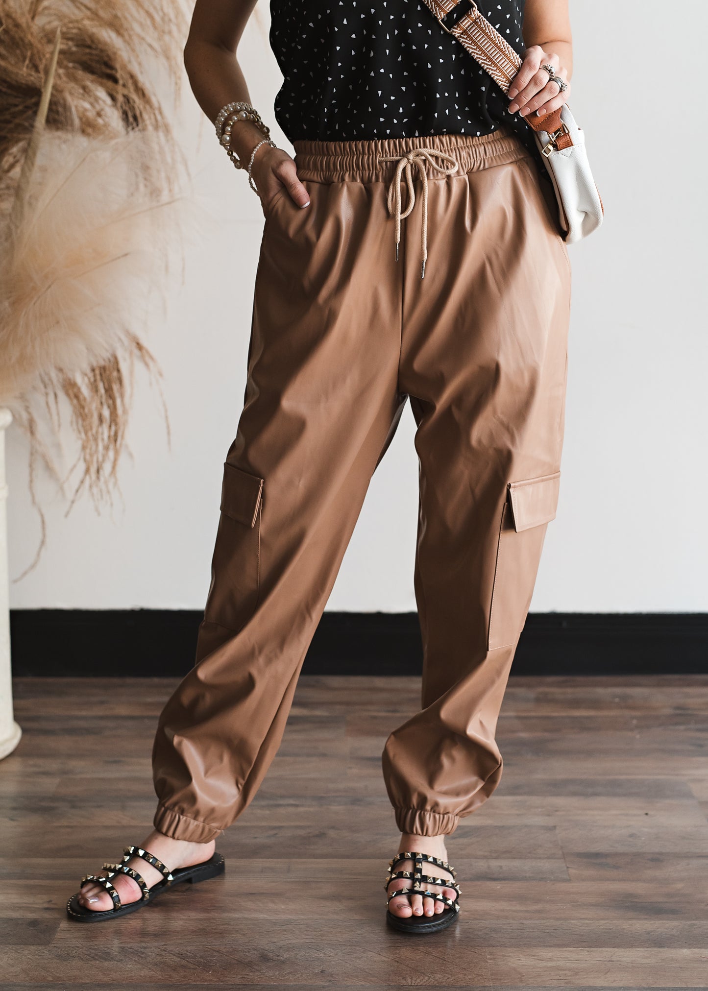 Faux Leather Joggers - Tan