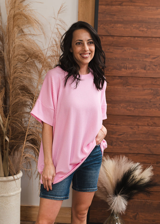 Short Sleeve Oversized Ribbed Knit Tee- Pink