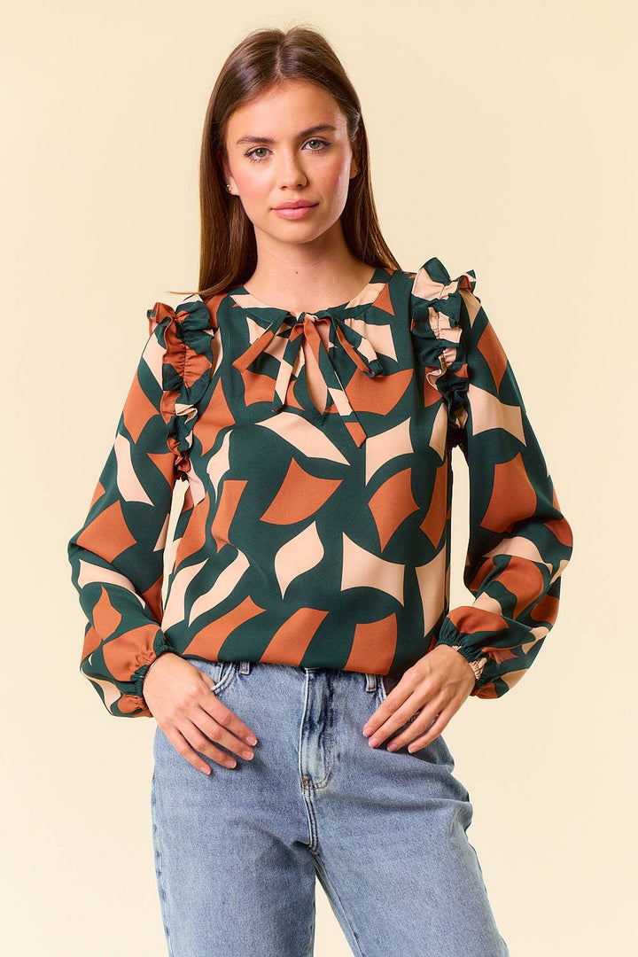 Abstract Print Tie Neck Blouse