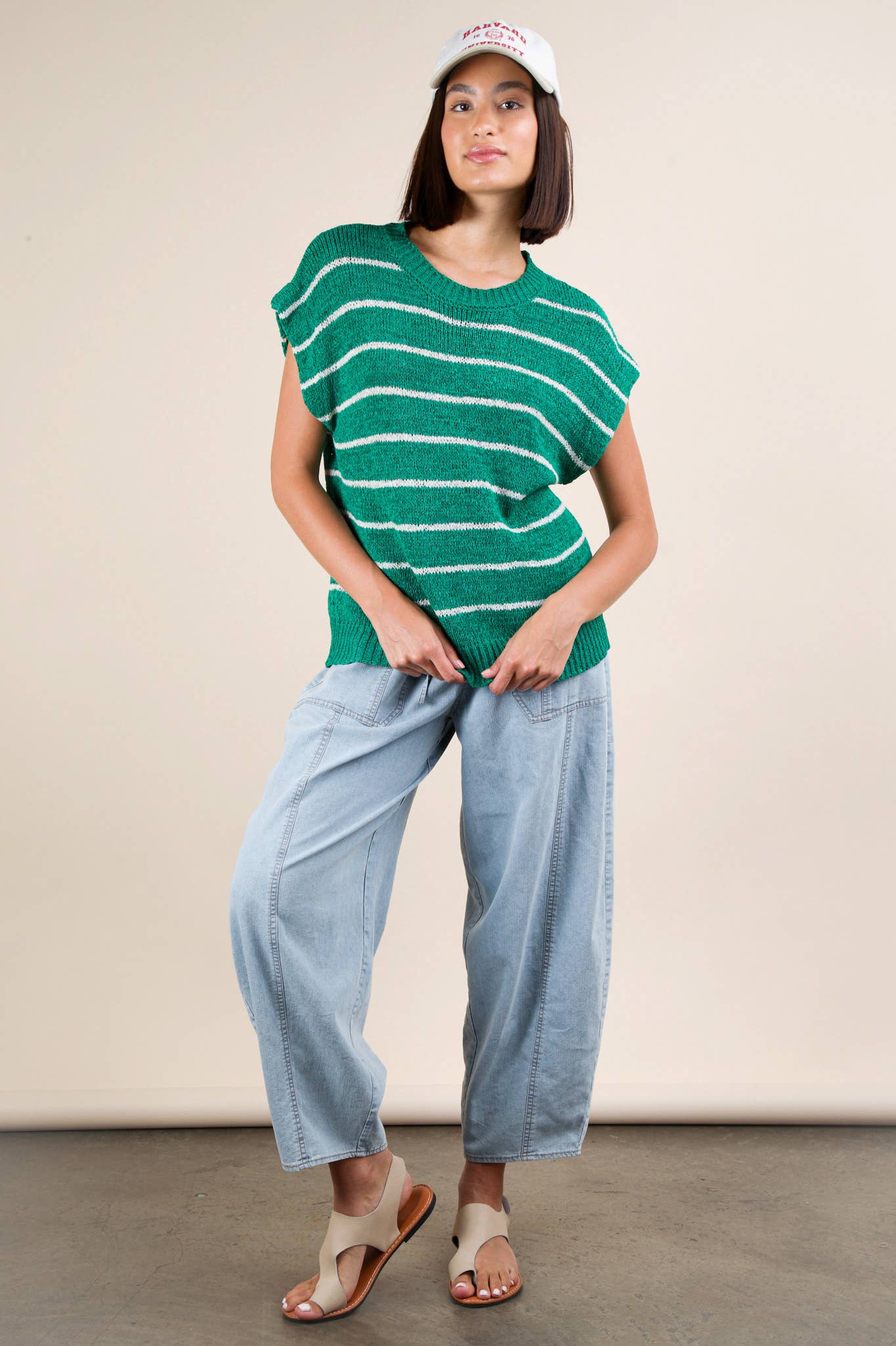 Striped Knit Sweater Vest Top: KELLY GREEN