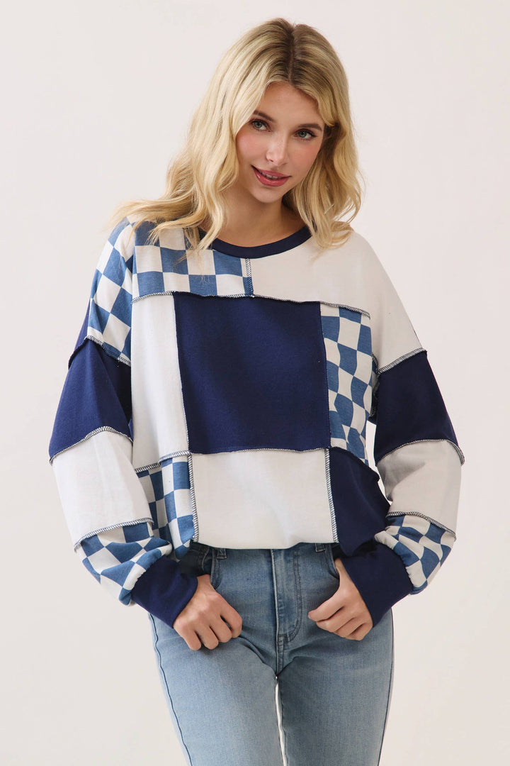 Midnight Navy Check Patchwork Top