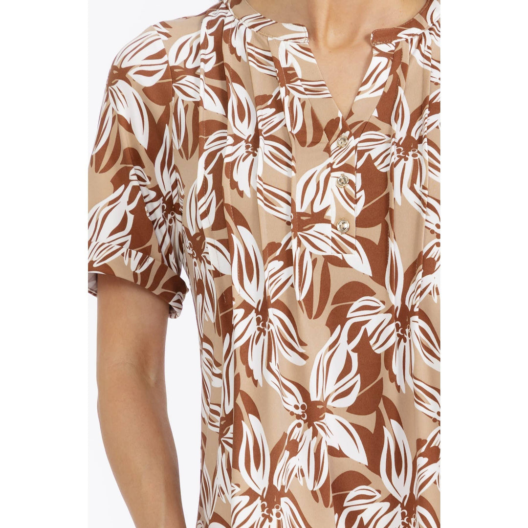 FLORAL BUTTON FRONT SHIRT: TAUPE/BROWN/IVORY