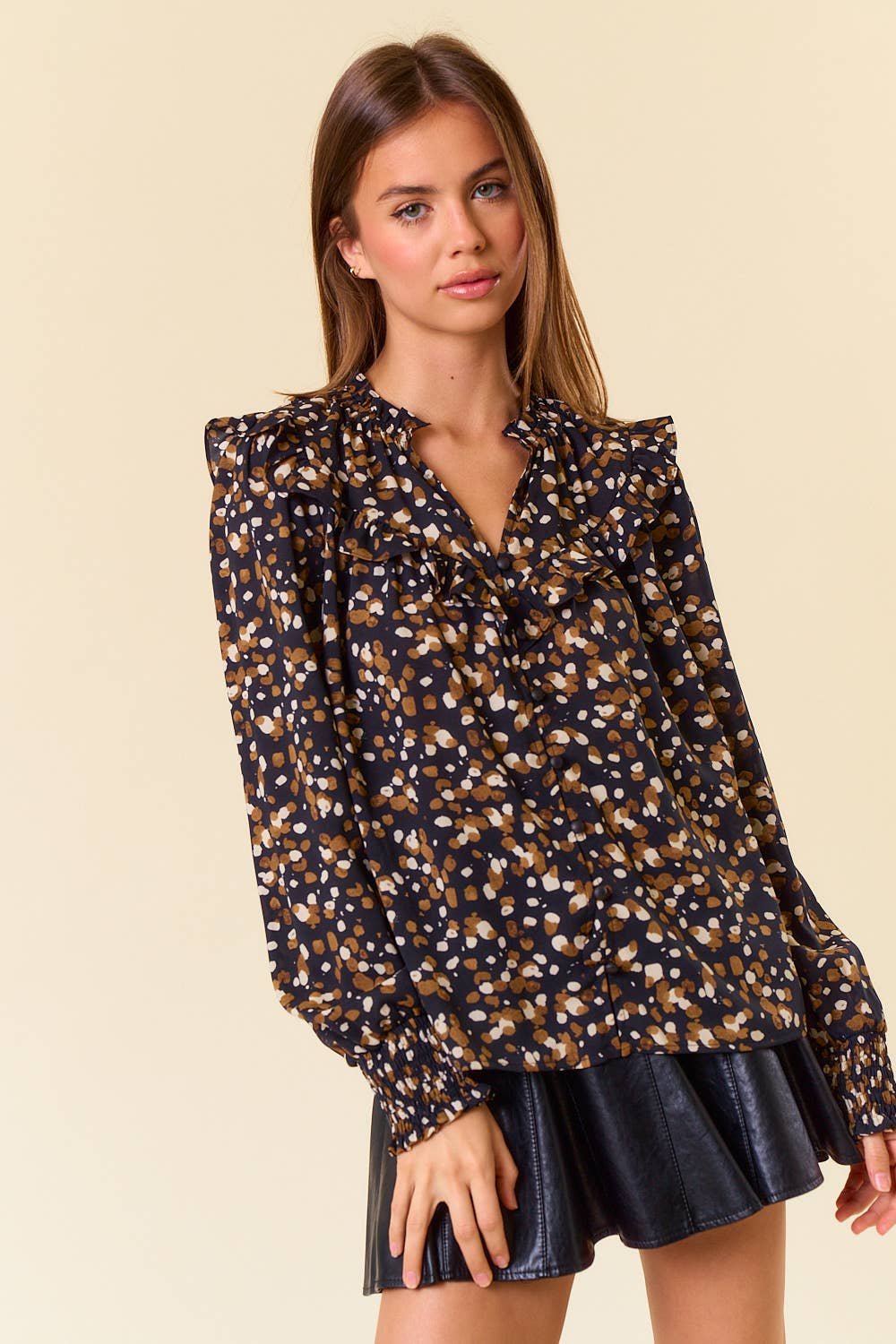 Abstract V-Neck Smocked Cuff Blouse
