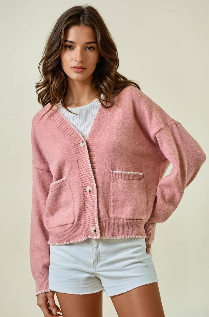 Rose Contrast Sweater Cardigan