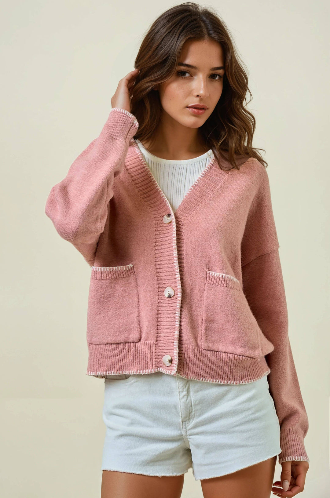 Rose Contrast Sweater Cardigan
