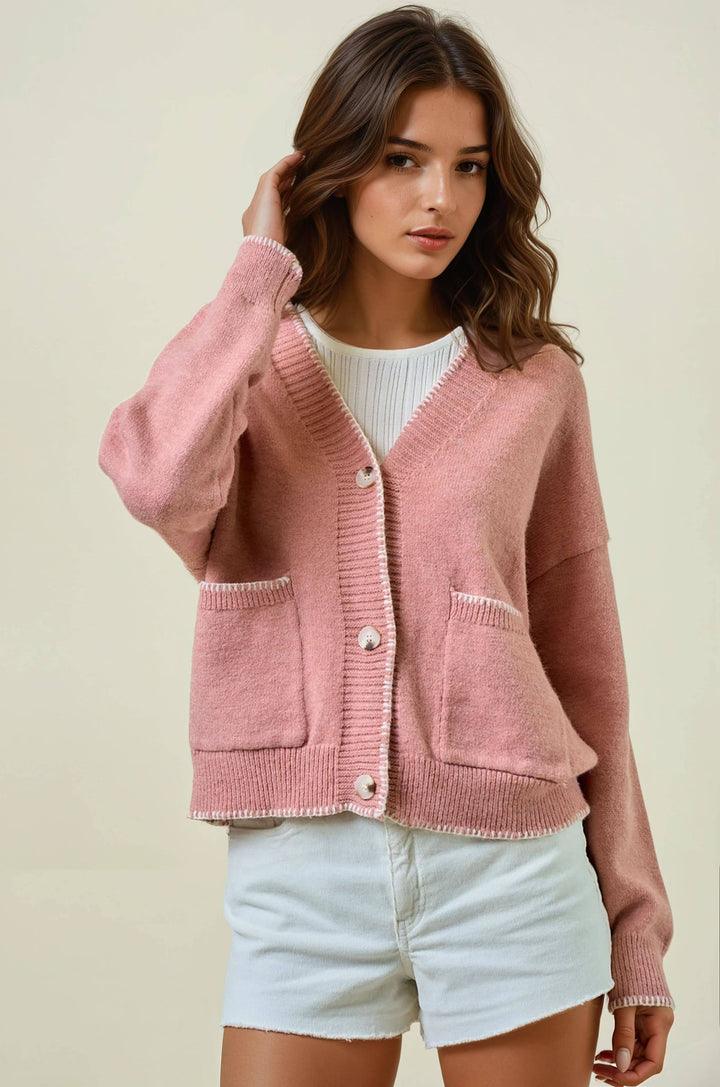 Rose Contrast Sweater Cardigan