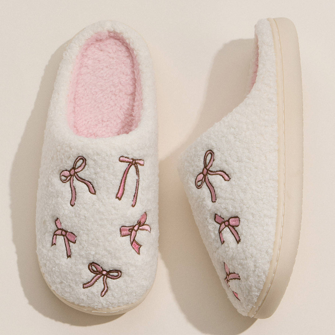 Pink Ribbon Pattern Embroidery Soft Slippers
