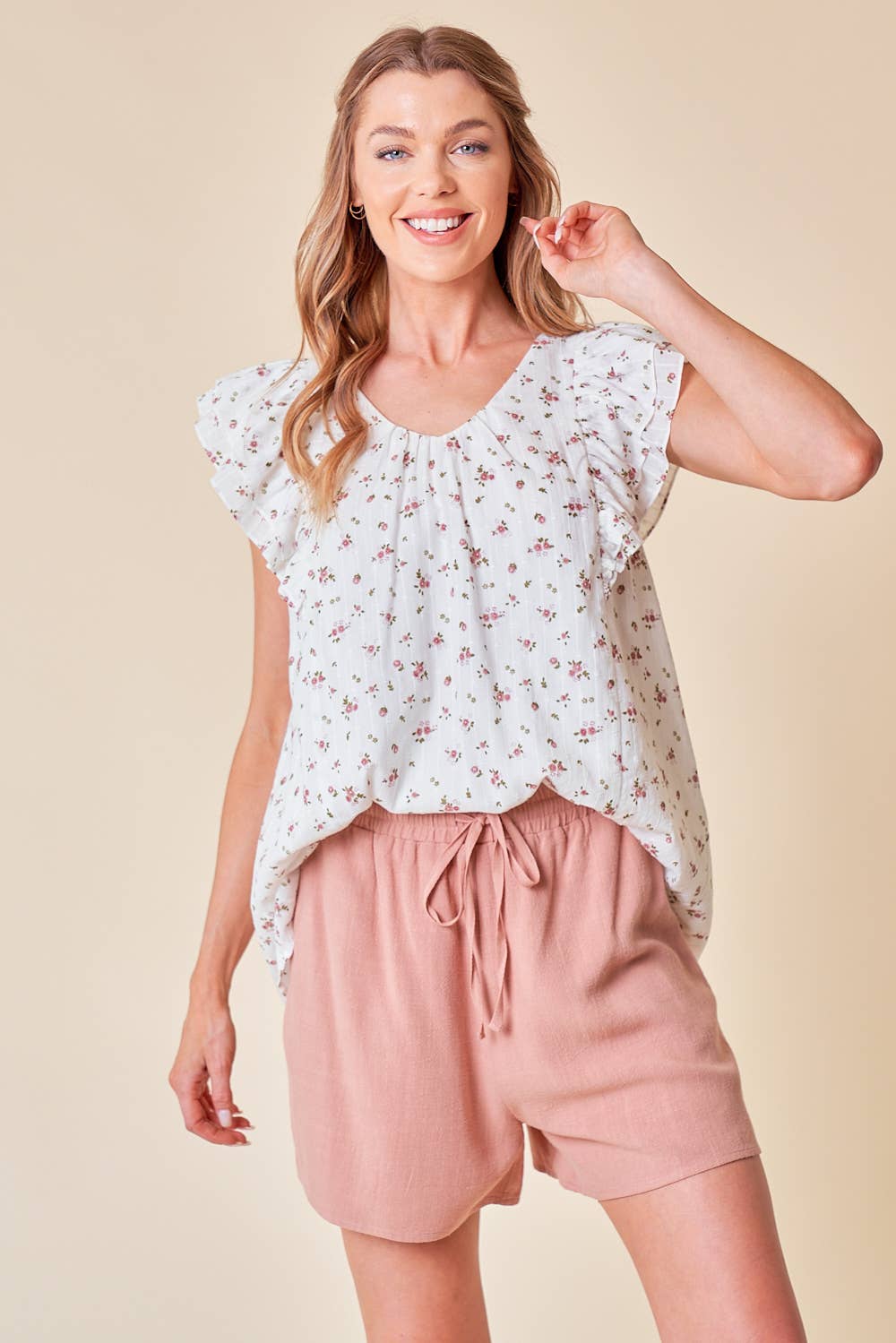 Swiss Dot Floral Print Ruffle Top With Button Back