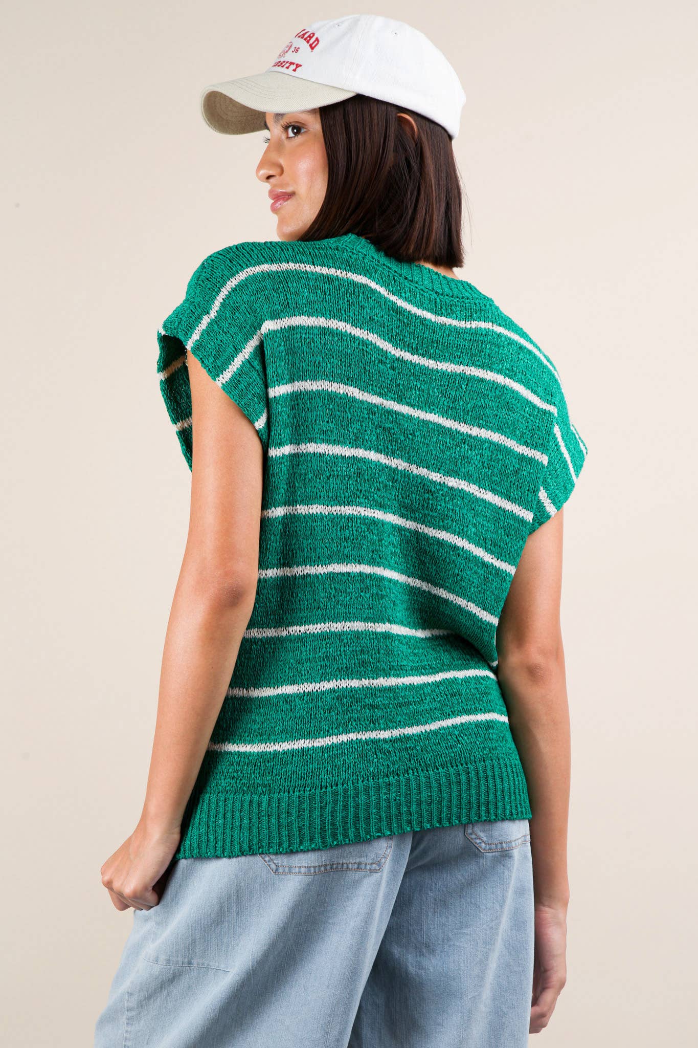 Striped Knit Sweater Vest Top: KELLY GREEN