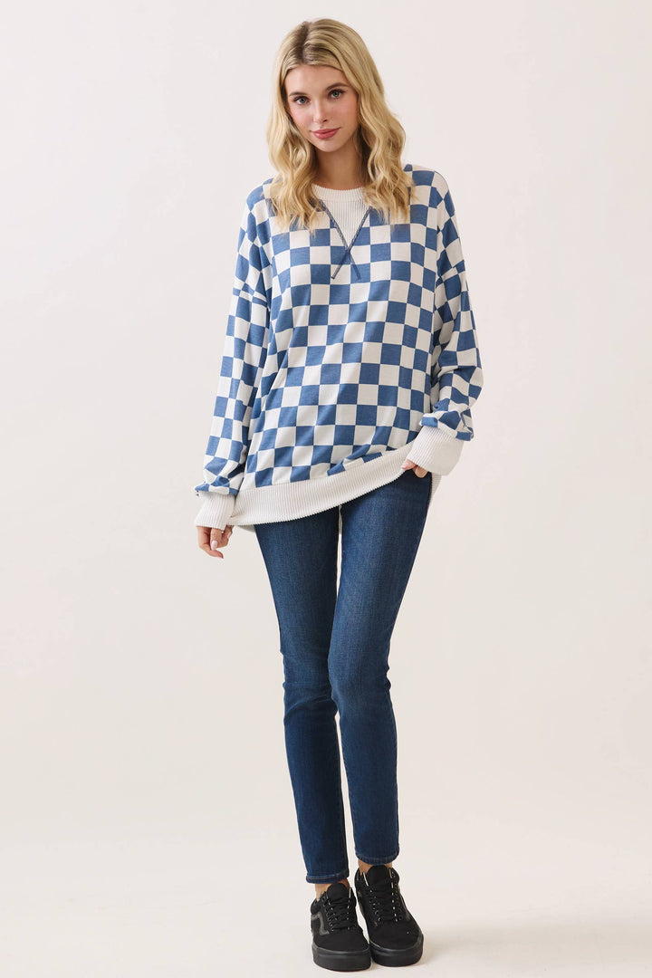 Blue Grid Pullover Top