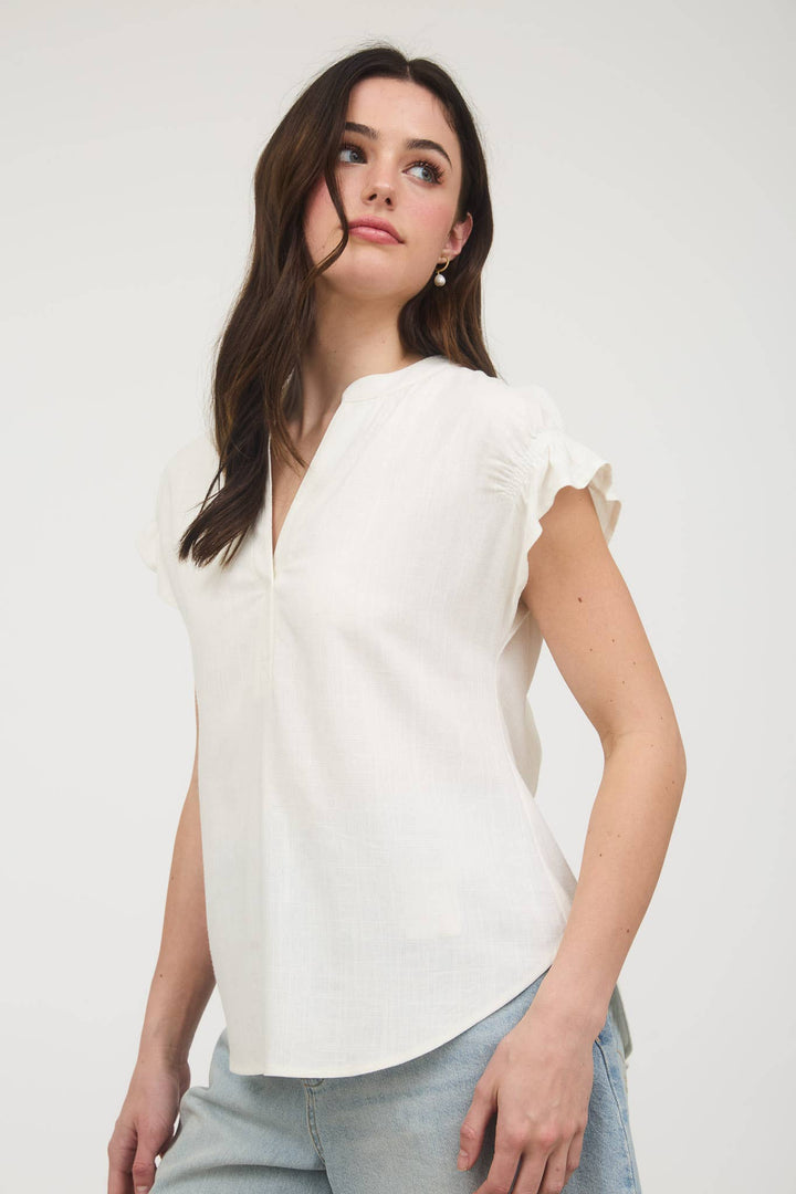 White Split Neck Linen Blouse