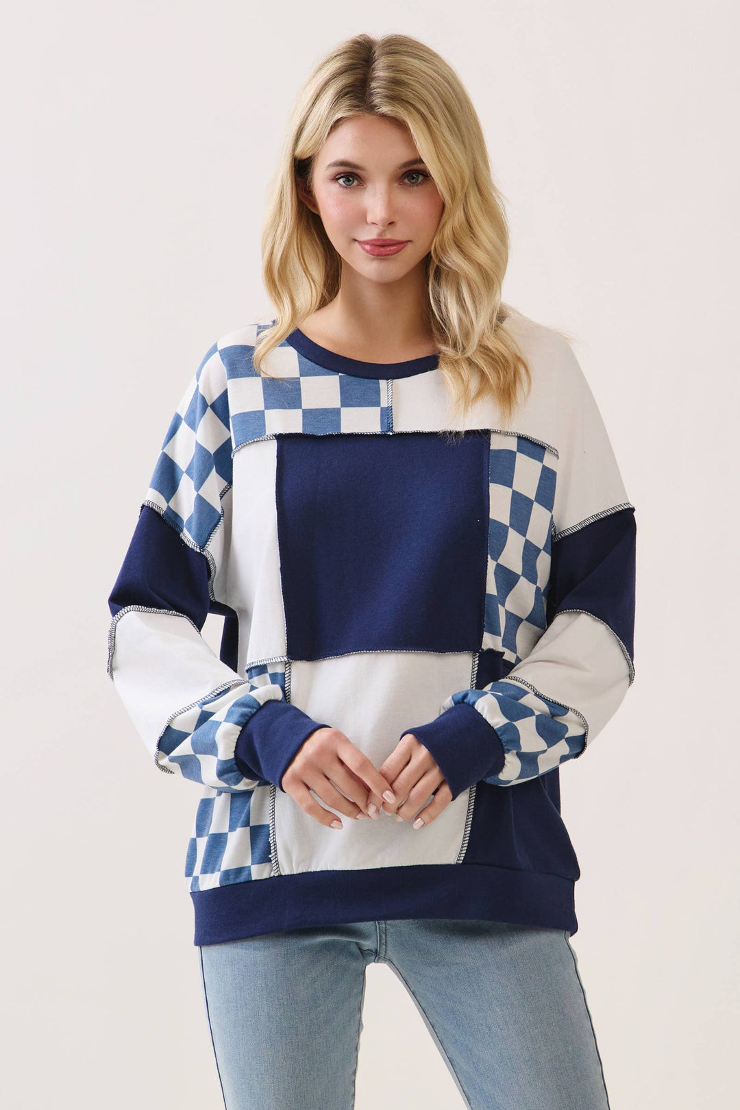 Midnight Navy Check Patchwork Top