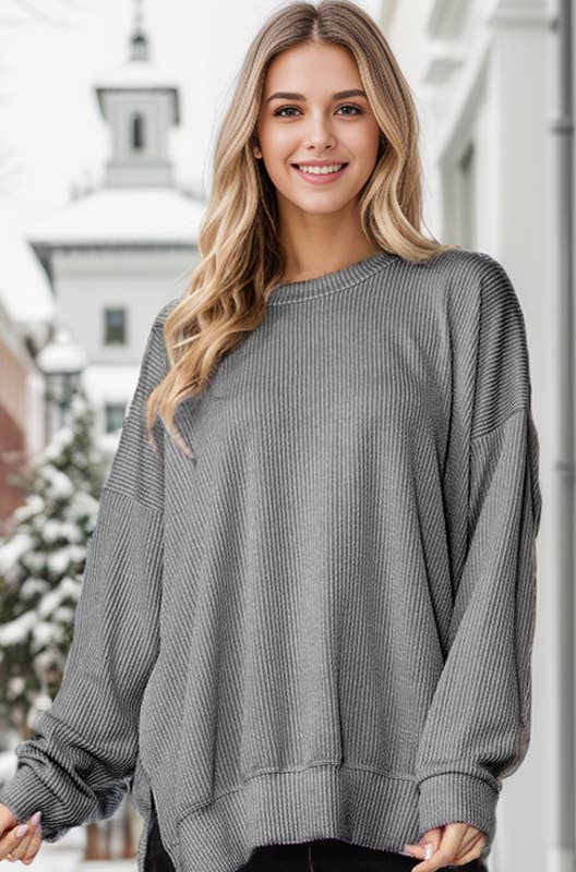 GREY WAVE RIB OVERSIZED SWEATSHIRT WITH SIDE SLIT