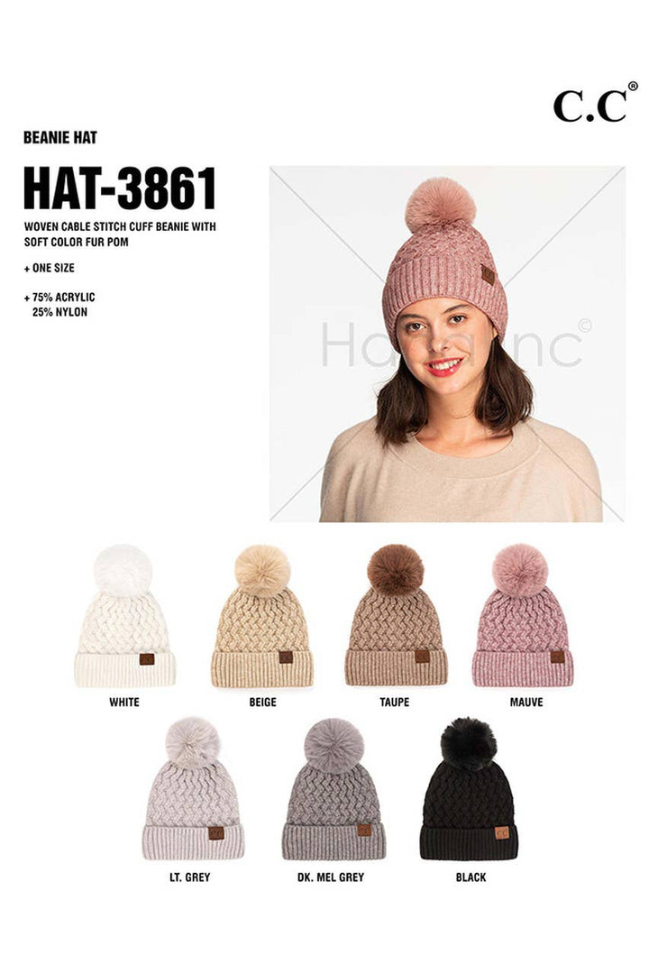 C.C Woven Cable Stitch Cuff Soft Pom Beanie Winter Hat: Beige