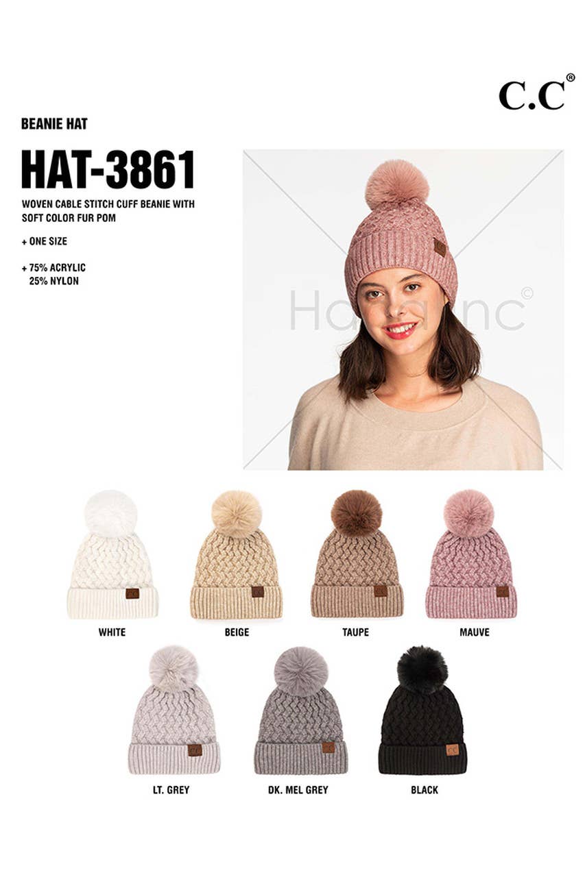 C.C Woven Cable Stitch Cuff Soft Pom Beanie Winter Hat: Light Gray