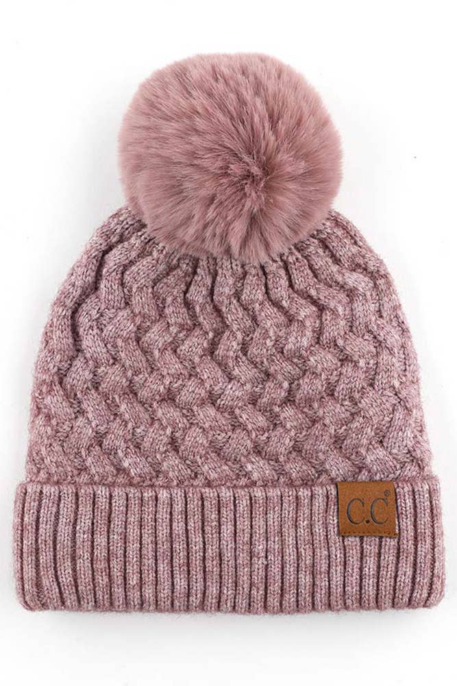 C.C Woven Cable Stitch Cuff Soft Pom Beanie Winter Hat: Light Gray