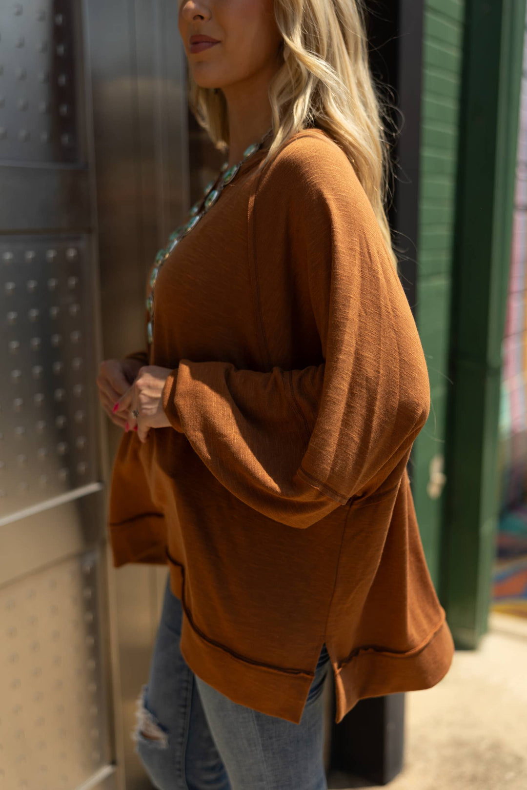 Caramel - Flowy Split Neck Top