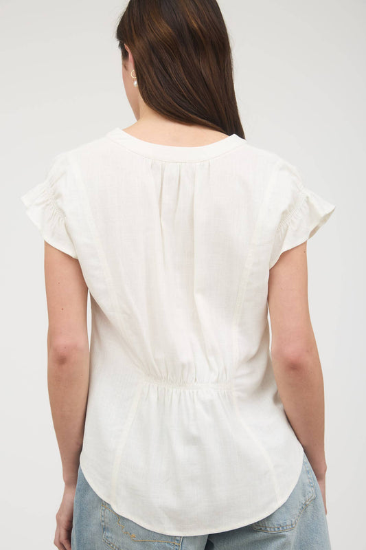 White Split Neck Linen Blouse