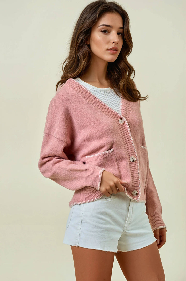 Rose Contrast Sweater Cardigan