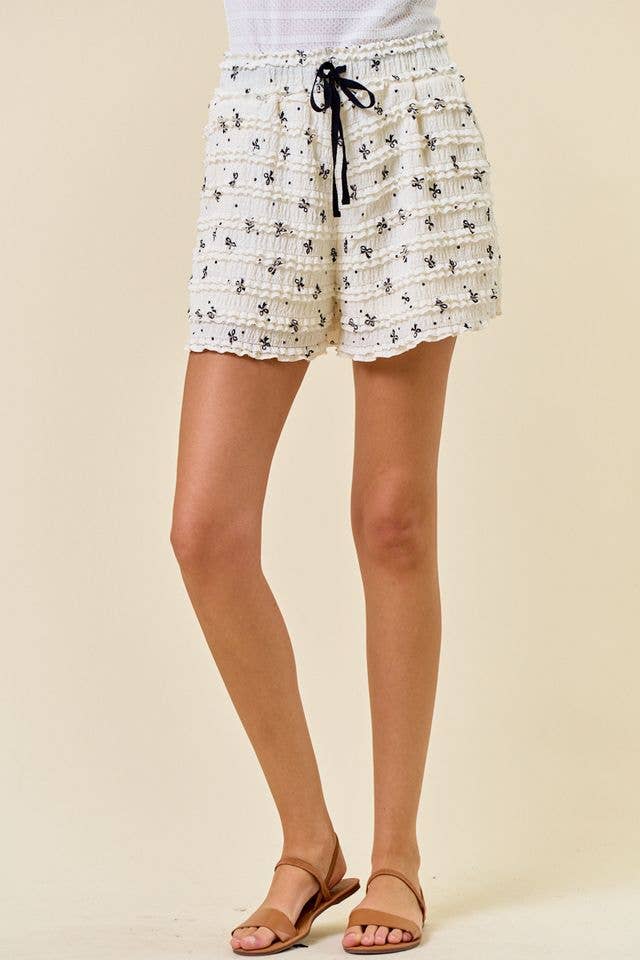 Frill Bow Printed Drawstring Waist Wide Leg Short