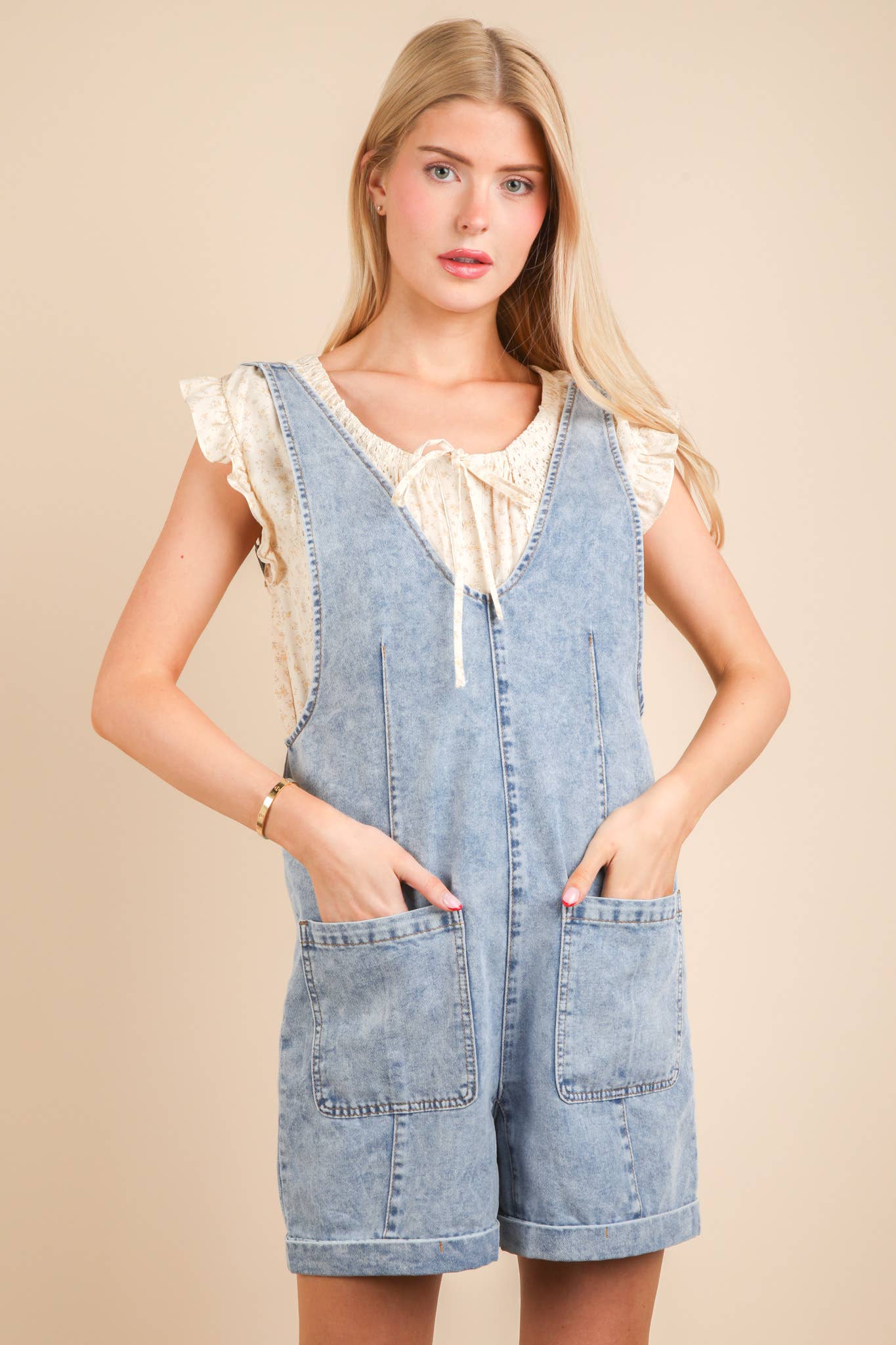Washed Denim Casual Romper: INDIGO
