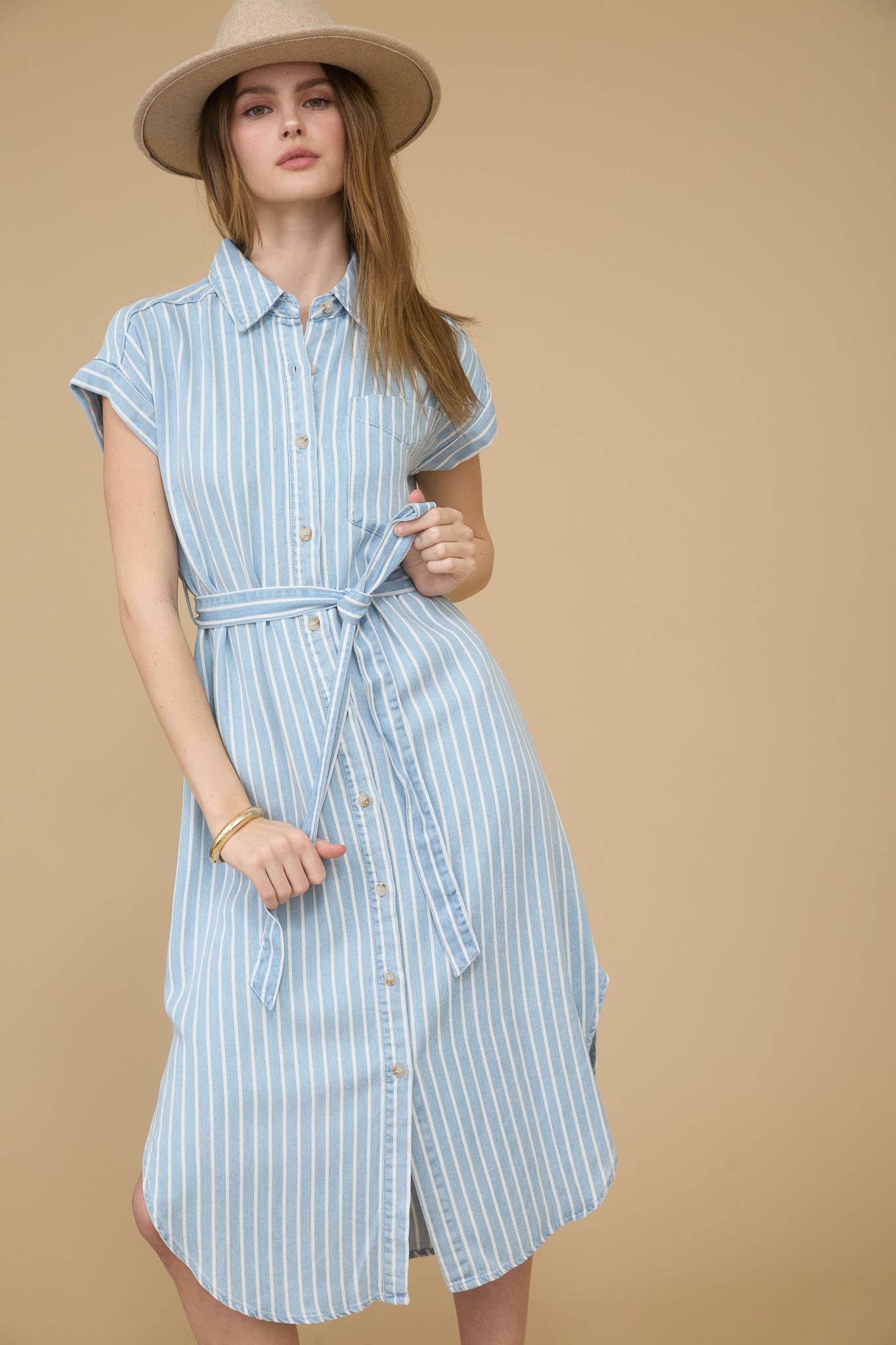 STRIPE CHAMBRAY COLLARED TIE BELT STRAP MIDI DRESS