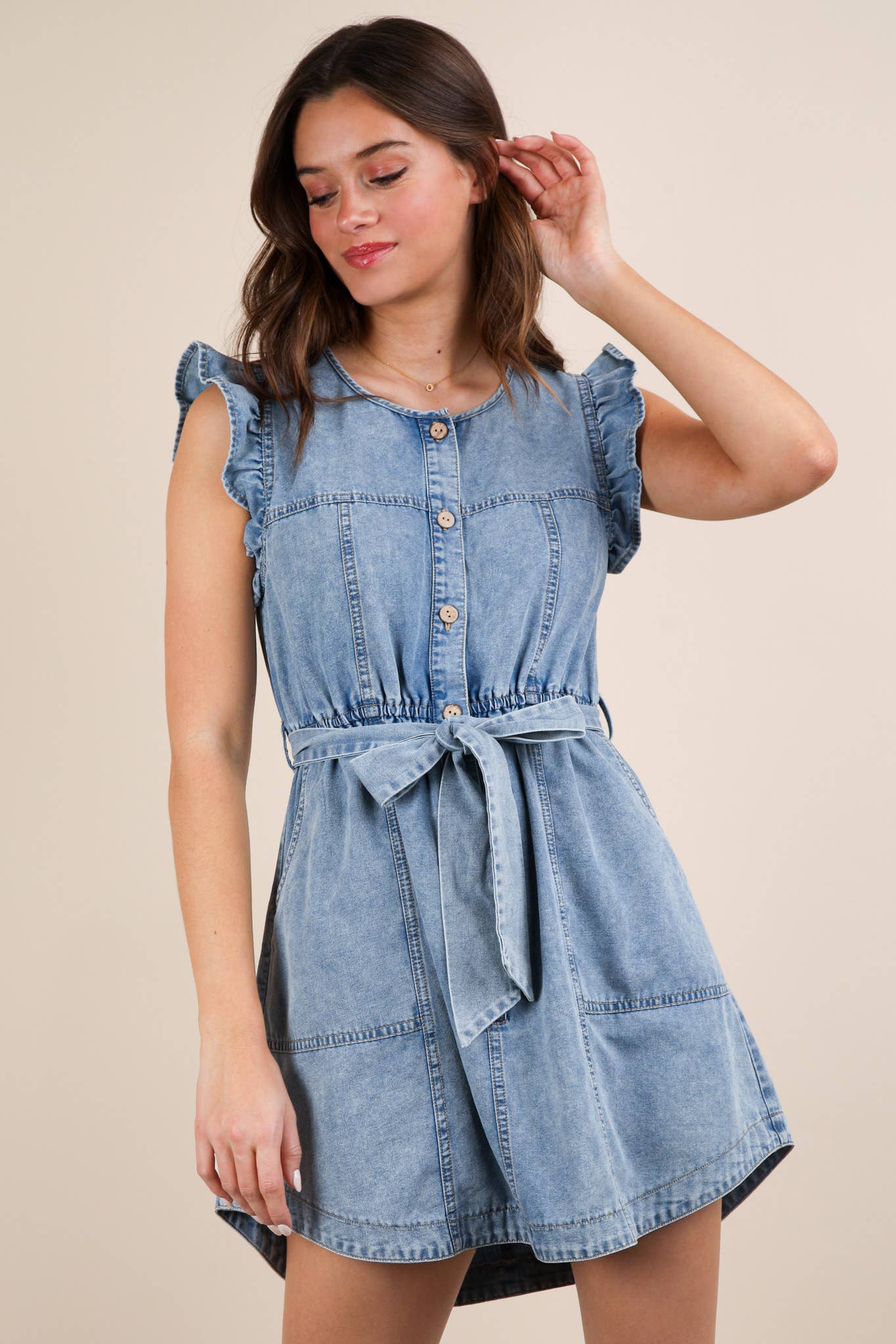 Washed Chambray Ruffle Detail Mini Dress: INDIGO