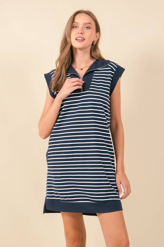 STRIPED FRENCH MINI DRESS W/ SIDE POCKETS