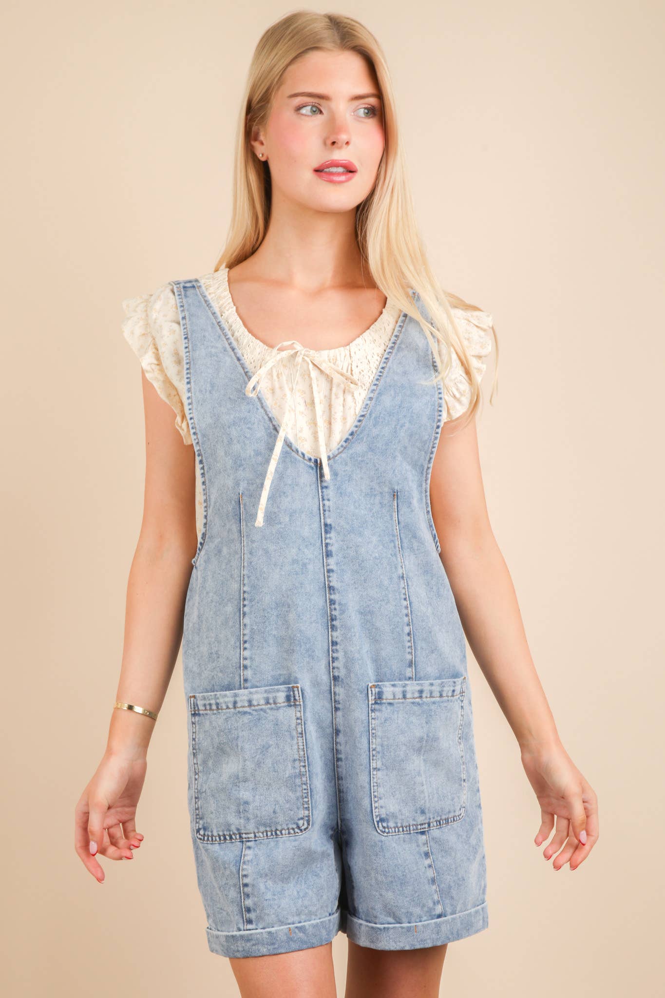 Washed Denim Casual Romper: INDIGO