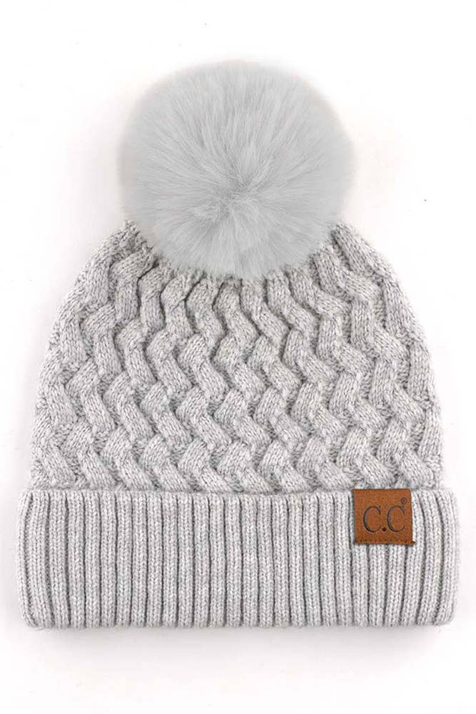 C.C Woven Cable Stitch Cuff Soft Pom Beanie Winter Hat: Beige
